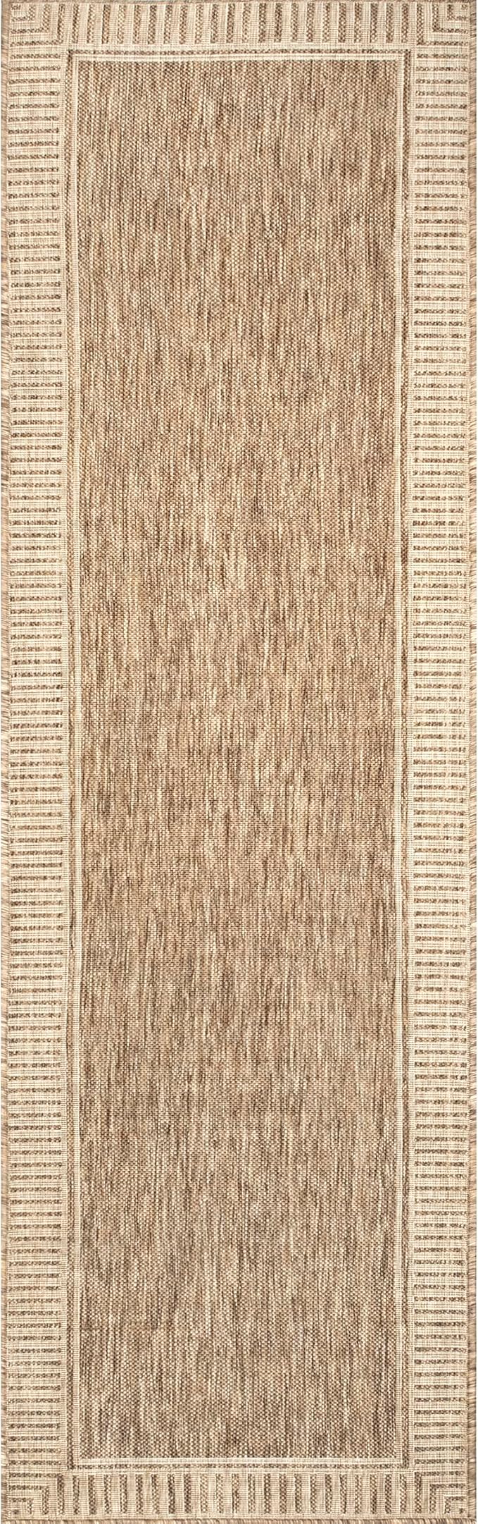 nuLOOM 2x8 Outdoor/Indoor Asha Area Rug, Light Brown, Casual Design With Striped Border, Stain Resistant, Highly Durable, For Patio, Balcony, Bedroom, Living Room, Dining Room, Bathroom-Ruum Studio Home