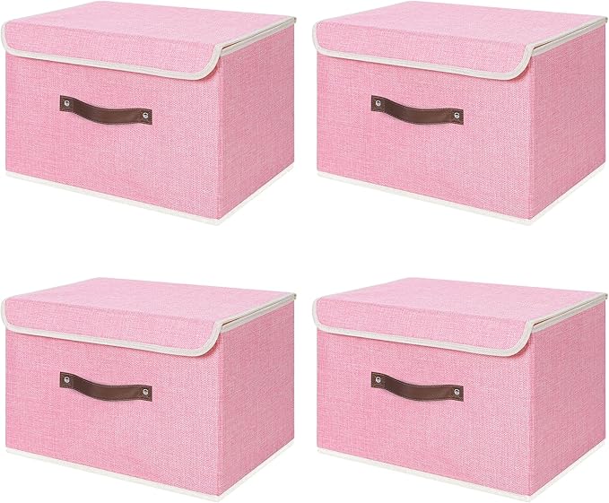 ANMINY 4PCS Storage Bins with Lid PU Leather Handles Storage Boxes PP Plastic Board Decorative Foldable Lidded Cotton Linen Fabric Home Cubes Baskets Closet Organizer Containers - Pink, Large Size-Ruum Studio Home