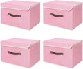 ANMINY 4PCS Storage Bins with Lid PU Leather Handles Storage Boxes PP Plastic Board Decorative Foldable Lidded Cotton Linen Fabric Home Cubes Baskets Closet Organizer Containers - Pink, Large Size-Ruum Studio Home