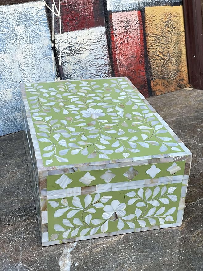 Decorative Storage Box Of Mother Of Pearl Inlay Floral Design Wooden Storage Box For Home Decoration For Living Dining & Bedroom (Olive Green_12x8x5 inch)-Ruum Studio Home