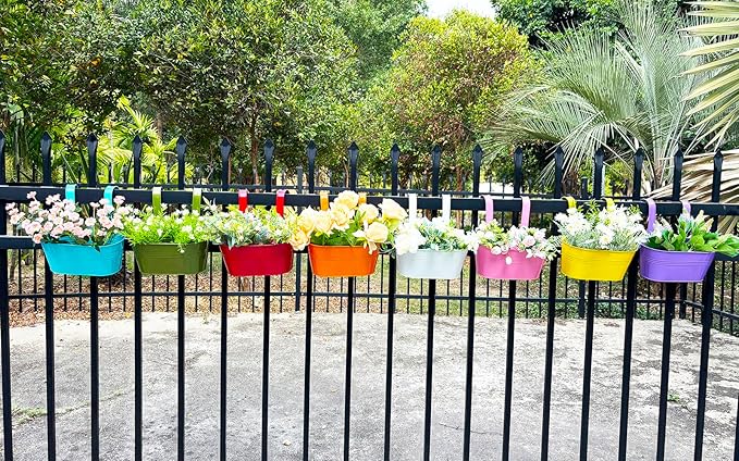 8 Pack Hanging Planters 10", Colorful Metal Bacony Railing Planter for Outdoor Decor, Countryside Fence Pot Flower Bucket for Rails Patio Garden, Plant Pot for Herb (Multi-Color, 8Pcs)-Ruum Studio Home