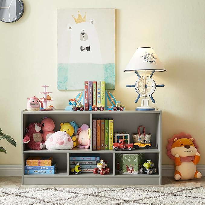 Toy Organizers and Storage, 5-Section Kids Bookshelf for Organizing Books Toys, School Classroom Wooden Storage Cabinet for Children's Room, Playroom, Nursery (Grey)-Ruum Studio Home