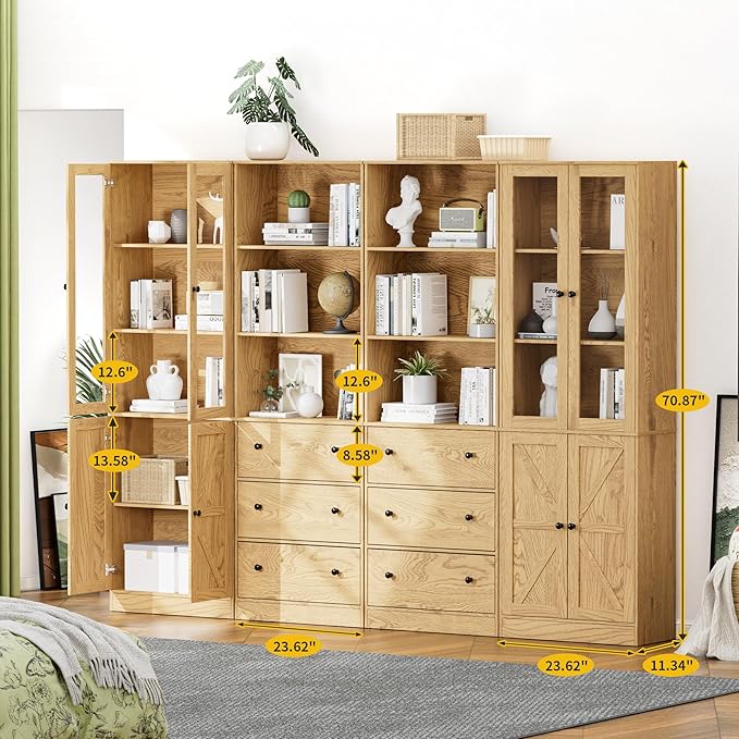 71" Tall Bookshelves Set of 4, 2 Bookcases with Drawers & 2 Bookshelves with Doors, Wooden Bookshelves Floor Standing Display Storage Shelves Home Decor Furniture for Home Office, Living Room-Ruum Studio Home