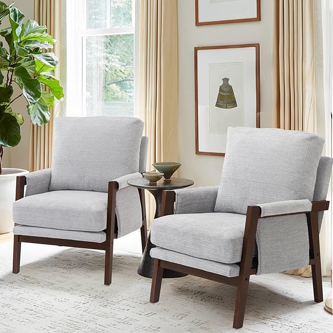 Modern Accent Chairs Set of 2 for Living Room Mid Century Arm Chairs Upholstered Bedroom Chairs Comfy Lounge Chairs with Solid Wood Frame, White-Ruum Studio Home
