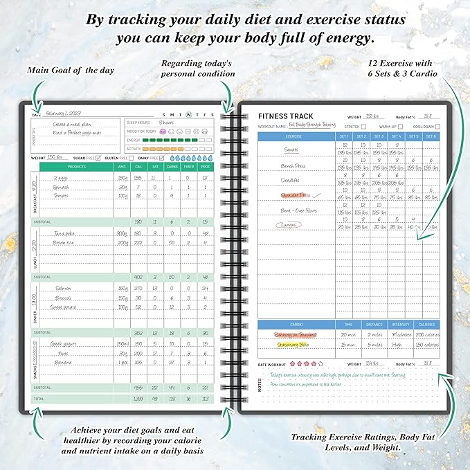 Wellness Planner & Fitness Log - Daily Diet & Health Journal with Weight Loss, Wellness Journal Notebook for Tracking Fitness, Sleep, Nutrition, Meal, Habits, A5(5.8 x 8.6 inch) (Black Silvery)-Ruum Studio Home