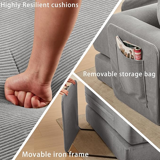 107" Oversized Convertible Sleeper Sofa Bed, Corduroy L Shape Sectional Couch, Folding Sofa Bed with Side Pocket, Modern Cloud Floor Mattress Couch, Modular Sofa for Living Room, Grey-Ruum Studio Home