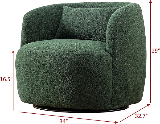 KINWELL 34" Wide Boucle Swivel Barrel Chair, No Assembly Round Upholstered Armchair Accent Chair Single Sofa Chair with Toss Pillow for Living Room and Bedroom, Green-Ruum Studio Home