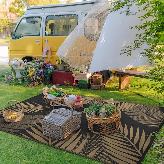 GENIMO Outdoor Rug 9' x 12' Waterproof for Patios Clearance, Reversible Outdoor Plastic Straw Camping Rug Carpet, Large Area Rugs Mats for RV, Camper, Deck, Balcony, Porch, Beach, Picnic, Black&Brown-Ruum Studio Home