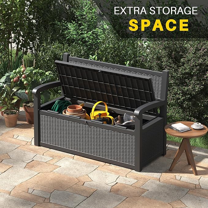 70 Gallon Deck Bench with Storage,Outdoor Storage Box Bench Waterproof&Lockable, Resin Patio Furniture with Armrest for Patio, Porch, Garden,Black-Ruum Studio Home