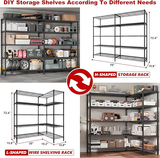 REIBII 70"W Storage Shelves Load 1600LBS, Metal Shelving 5-tier Wire Shelving Unit Metal Shelves for Storage Adjustable Garage Shelving for Pantry Kitchen Garage Commercial school 70"W*15.8"D*72.4"H-Ruum Studio Home