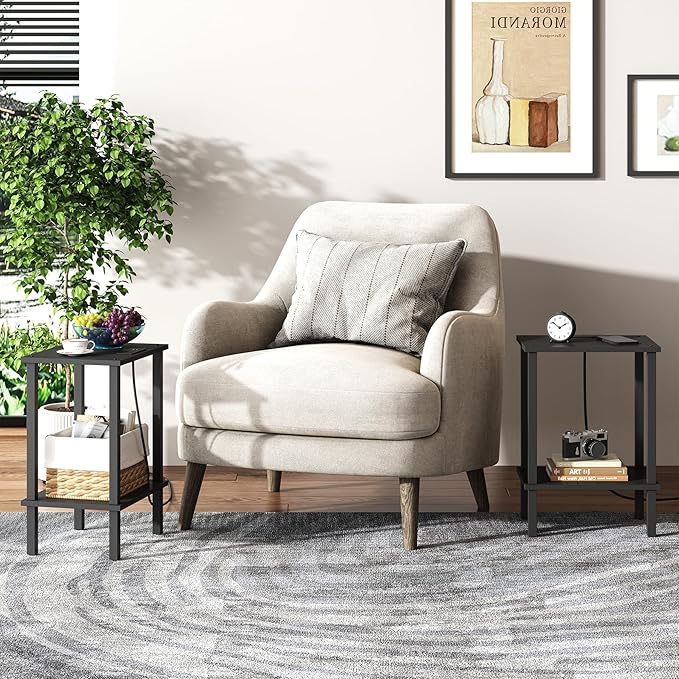 TUTOTAK End Table with Charging Station, Side Table with USB Ports and Outlets, Nightstand, 2-Tier Storage Shelf, Sofa Table for Small Space TB01BK040-Ruum Studio Home