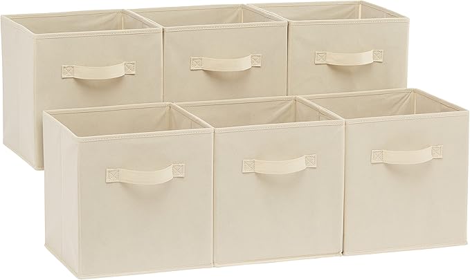 Amazon Basics Collapsible Fabric Storage Cubes Organizer with Handles, Sturdy, Beige, 10.5-x-10.5-x-11-inch, Pack of 6-Ruum Studio Home