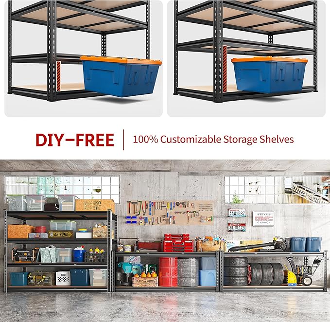 REIBII 48.2" W Garage Shelving, Storage Shelves Load 2600LBS, 4-Tier Adjustable Heavy Duty Metal Shelves for Warehouse, Pantry, Kitchen, 60.1" H X 48.2" W X 24" D, Black-Ruum Studio Home