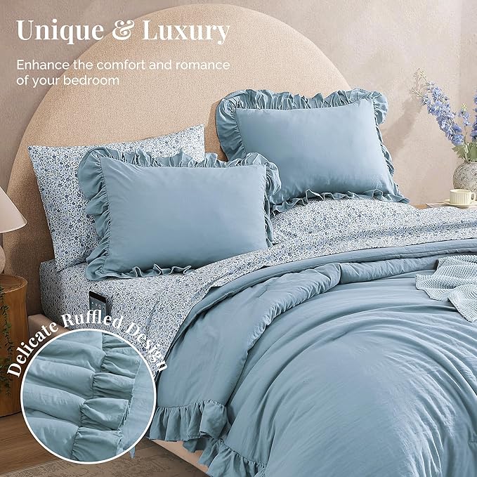 Full Comforter Set - 7 Pieces Ruffle Blue Bedding Sets, Shabby Chic Farmhouse Bed in a Bag Full with Ruffle Comforter, Floral Sheets, Pillowcases & Shams-Ruum Studio Home