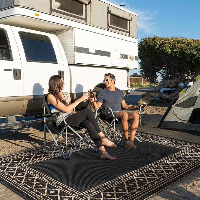 GENIMO Outdoor Rug Waterproof 9'x12' for Patio, Foldable Reversible Plastic Straw Carpet for Travel Trailers, Outside Area Mat for Rv, Deck, Picnic, Porch, Camper, Balcony, Beach, Black & Brown-Ruum Studio Home