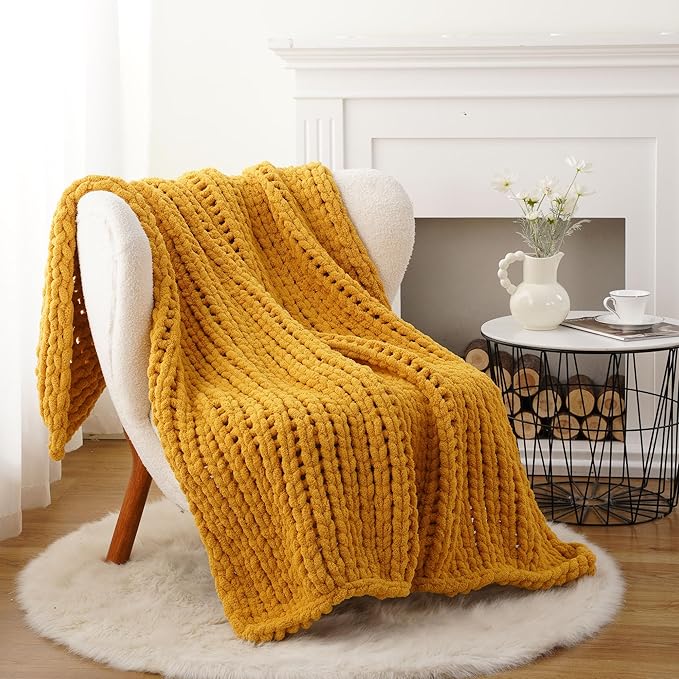 Battilo Chunky Knit Throw Blanket, Soft and Thick Chenille Throw Blanket, 50"x60" Handmade Cable Knit Crochet Blanket, Large Rope Knot Throw Blankets for Couch Sofa Bed Home Decor, Mustard-Ruum Studio Home