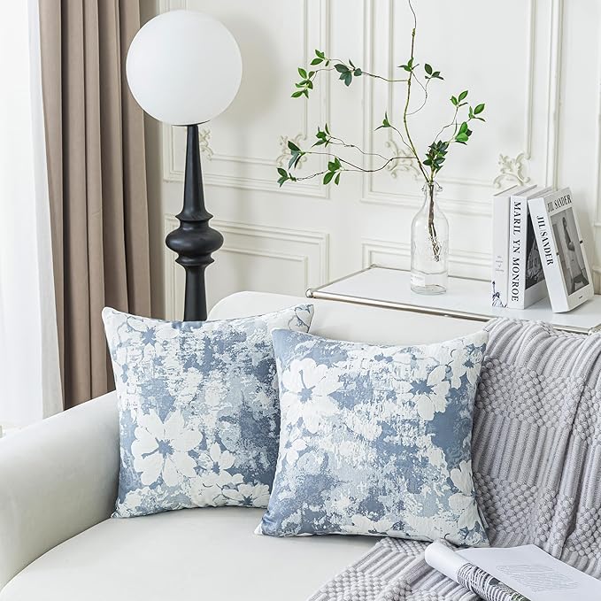 Jacquard Throw Pillow Covers 18x18 Inch Set of 2 - Vintage Floral Boho Pillow Cases with Botanical Pattern | Farmhouse Decor for Couch Living Room | Soft Textured Neutral Trio Dusty Blue 18" x 18"-Ruum Studio Home