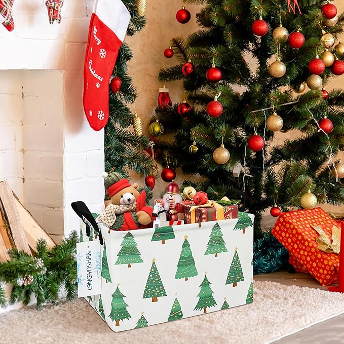 LANGYASHAN Rectangular Storage Bin Collapse Canvas Fabric Cartoon Storage Basket with Handles for Organizing Home Kitchen Boys and Girls Toys Office Closet Shelf Baskets (Rec christmas tree)-Ruum Studio Home