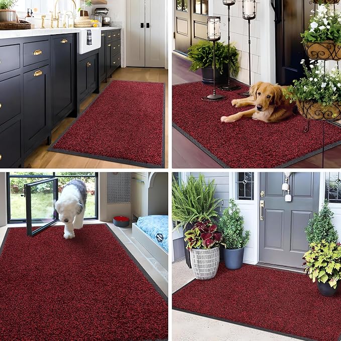 Mibao Front Door Mat, Dirt Trapper Welcome Mat for Outdoor Indoor, Non-Slip Waterproof Doormat, Durable Machine Washable Low Profile Entry Rug for Back Door Outside Patio Porch, 30" x 18", Red-Ruum Studio Home