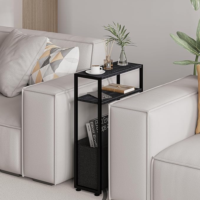 Black Side Table, Slim Side Table with Magazine Rack, Bathroom Table for Small Spaces, Narrow Bedside Table for Living Room, Bedroom-Ruum Studio Home