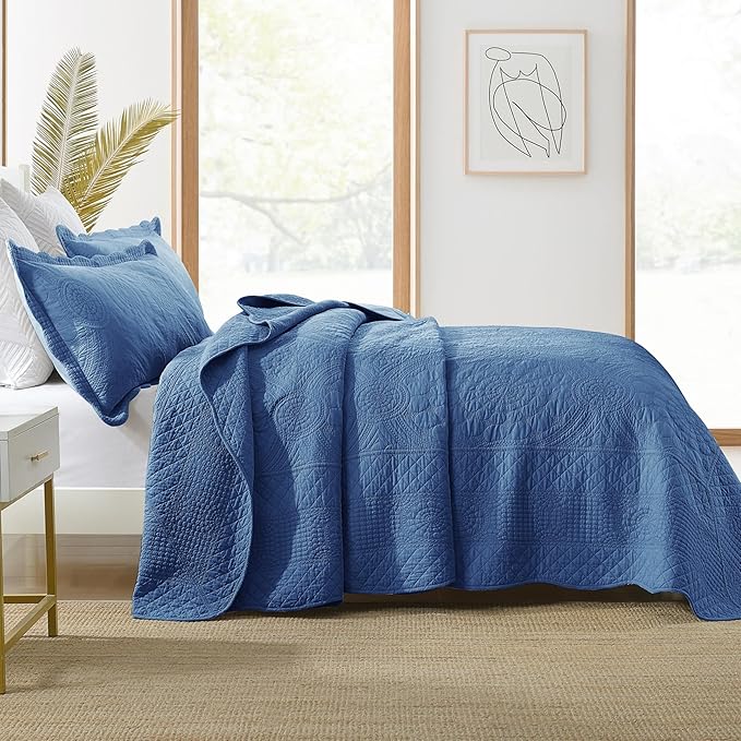 MarCielo 3-Piece 100% Cotton Oversized Bedspread Lightweight Quilt Coverlet Embroidery Farmhouse Bedding Set (Tf Midtone Blue, Oversized Queen (100"x106"))-Ruum Studio Home