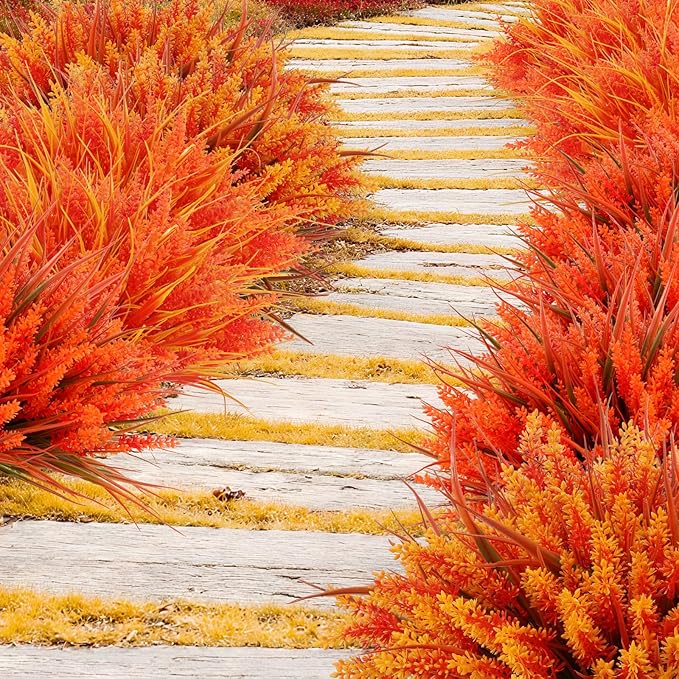 Geegoods 24 Bundles Artificial Fall Flowers Outdoor – Faux Lavender Flowers with Monkey Grass UV Resistant Plastic Faux Plants for Garden Porch Patio Home Decor, Autumn-Orange Color-Ruum Studio Home