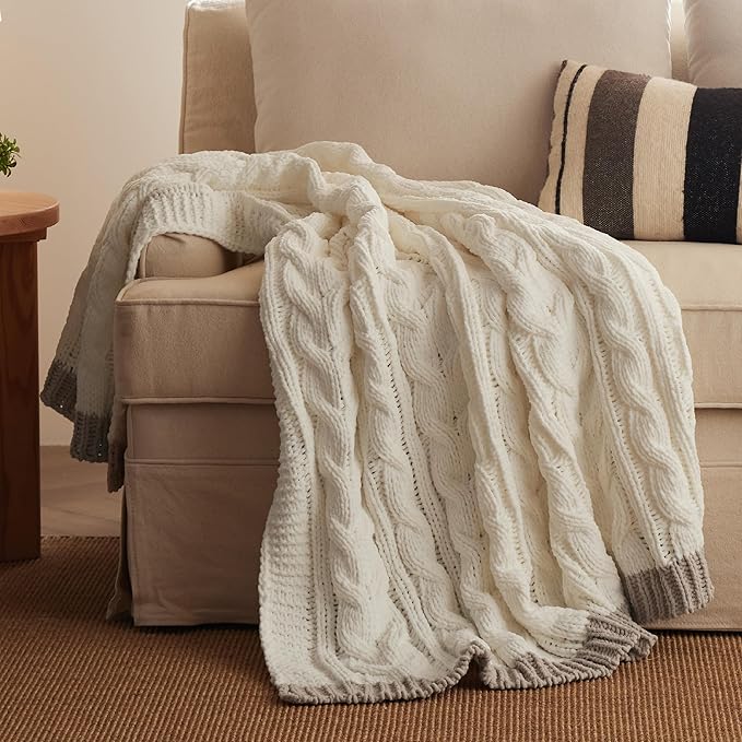 Bedsure Cable Knit Throw Blanket for Couch Bed - Breathable Chenille Chunky Knit Throw Blanket for Decorative Gift, GentleSoft Cozy and Warm for Winter and All Seasons, Cream, 50x60 Inches-Ruum Studio Home