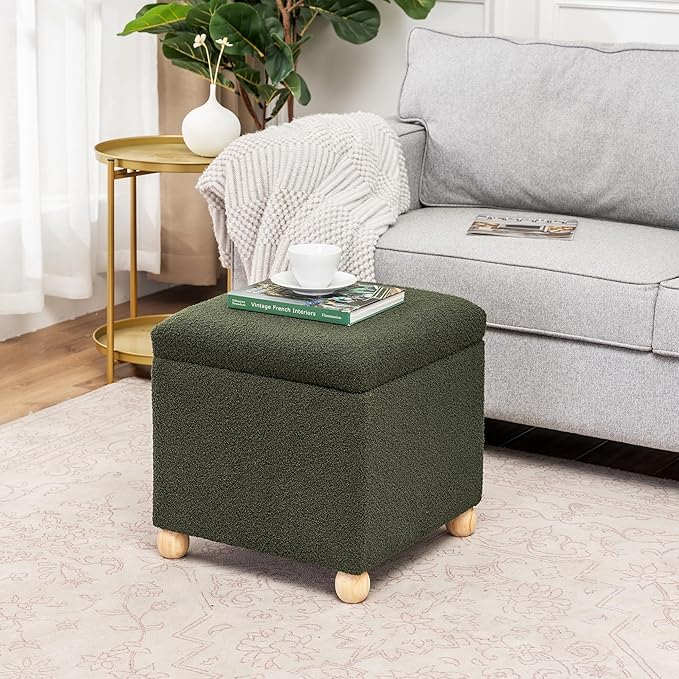 Adeco 17 Inch Soft Dark Green Cube Ottoman Storage, Teddy Velvet Chair Foot Stools, Upholstered Vanity Stool with Hinged Lid, Solid Round Wood Legs-Ruum Studio Home