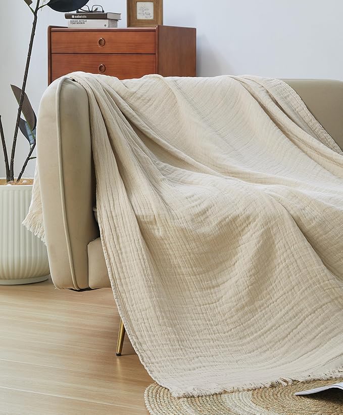 100% Cotton Muslin Throw Blanket for Bed, Couch, Small, Decorative, Soft, Pre-Washed, Breathable and Lightweight Gauze Blanket with Tassels, Suitable for All Seasons, Beige, 50"x60"-Ruum Studio Home