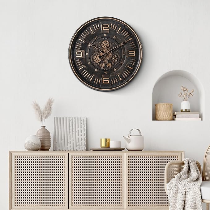 Maxstar Large Vintage Moving Gear Wall Clock, 20''Battery Operated Industrial Steampunk Metal Decor for Living Room, Office,Fireplace, Farmhouse(Arabic Number-Bronze)-Ruum Studio Home