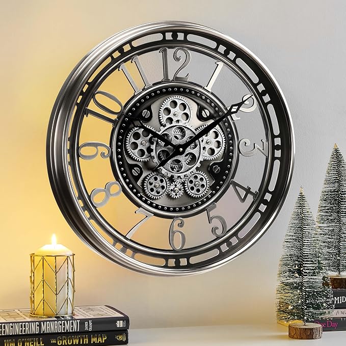 CLXEAST 21 Inch Large Moving Gear Wall Clock,Industrial Steampunk Decor,Decorative Wall Clock for Modern Farmhouse Living Room Decor,Gunmetal Silver Finish-Ruum Studio Home