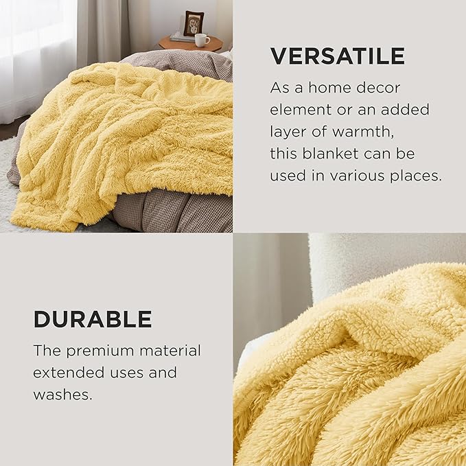 Bedsure GentleSoft Fluffy Yellow Blankets Queen Size for Bed, Thick Sherpa Faux Fur Fleece Fuzzy Plush Winter Warm Heavy Soft Full Queen Blankets, Bedroom Decor Yellow Cozy Gifts for Women Men, 90x90-Ruum Studio Home
