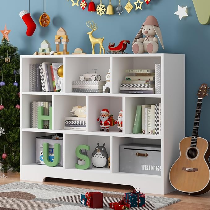 Book Shelf, 10 Cubes Storage Organizer, 3-Tier Open Shelf Wooden Bookcase, Freestanding White Bookshelf Cube Shelf for Bedroom, Living Room-Ruum Studio Home