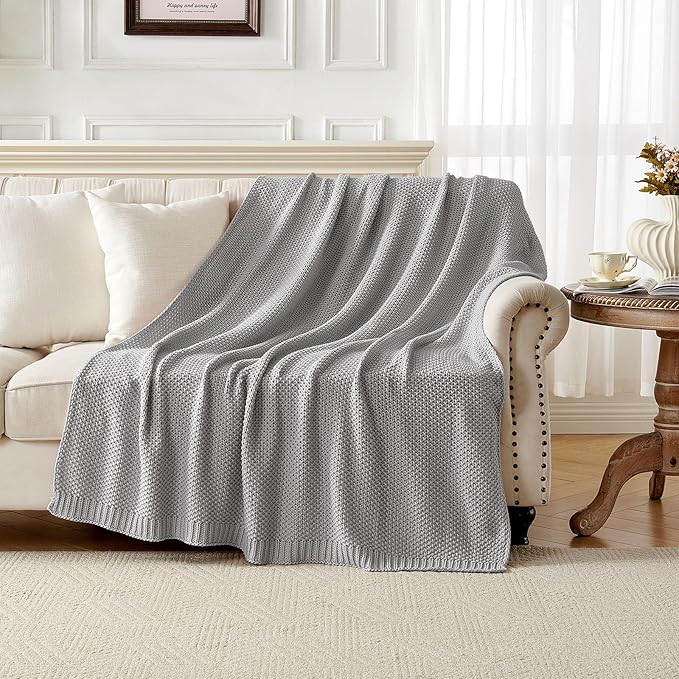 Joydeco Chunky Cable Knit Throw Blanket, Lightweight 100% Cotton Soft Cozy Throw Twin Blanket for Couch Bed and Sofa, Rustic Breathable Farmhouse Blanket Gift for Women Men(Grey, 60"x80")-Ruum Studio Home