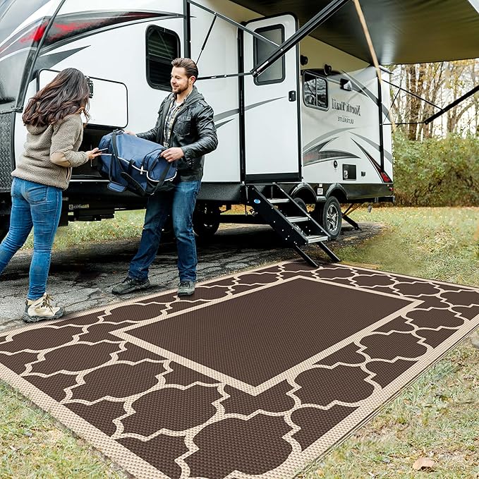 GENIMO 9' x 12' Outdoor Rug Waterproof for Patio Decor, Foldable Reversible Plastic Straw Area Rugs Mat for Camper, Outside Carpet for Rv, Deck, Porch, Picnic, Beach, Balcony, Coffee & Beige-Ruum Studio Home