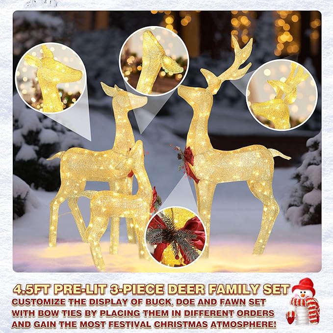 4.5FT Lighted Reindeer Family Set for Christmas Decoration, 3 Pieces Pre-Lit Iridescent Deer with 200 LED Lights, 3D Glittered Standing Holiday Display for Outdoor, Indoor, Golden-Ruum Studio Home