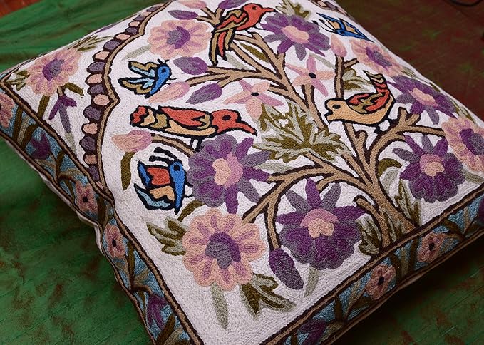 Tree of Life Pillow Cover Lavender Floral Pillowcase Botanical Flower Pillows Plants Farmhouse Traditional Chair Cushions Needlepoint Hand Embroidered Wool Size - 18x18-Ruum Studio Home
