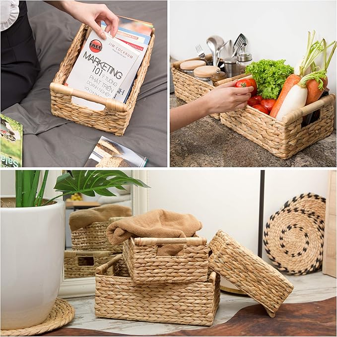 VATIMA Hyacinth Wicker Basket Set 3 size - Rectangular, Wooden Handles, Shelf Organizer, Natural Bins-Ruum Studio Home