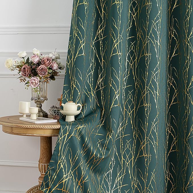 Grommets Blackout Long Window Curtains Green Gold-52W*95L 2PCS Drapes for Bedroom-Ruum Studio Home