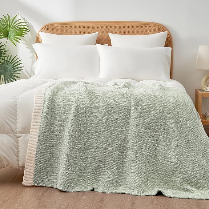 Snuggle Sac Heather Sage Green Blanket for Couch, Reversible Super Soft Knitted Blankets Warm Cozy Fuzzy Plush Throw Blankets for Sofa, Bed, Camping, Sage Green, 60x80 inches-Ruum Studio Home