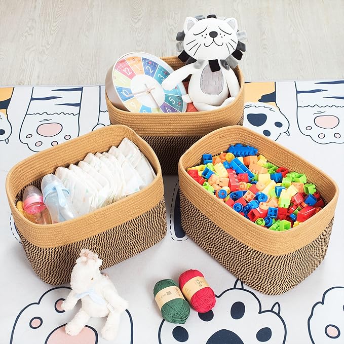 MINTWOOD Design 3-Pack Storage Baskets for Shelves, Decorative Baskets for Organizing, Woven Baskets for Storage, Book Basket Cube Storage Bin Box, Pantry Closet and Shoe Organizers, Black Jute-Ruum Studio Home
