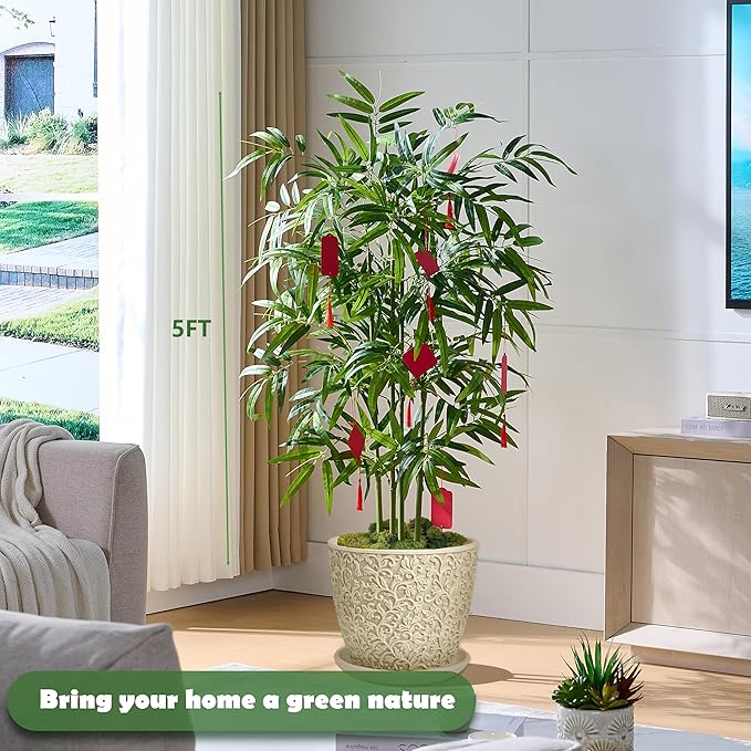Artificial Bamboo Tree 5FT Tall Fake Plants Faux Silk Plant, Faux Bamboo Plant for Home Office Indoor Outdoor Decor Artificial Trees with Tall Planter-Ruum Studio Home