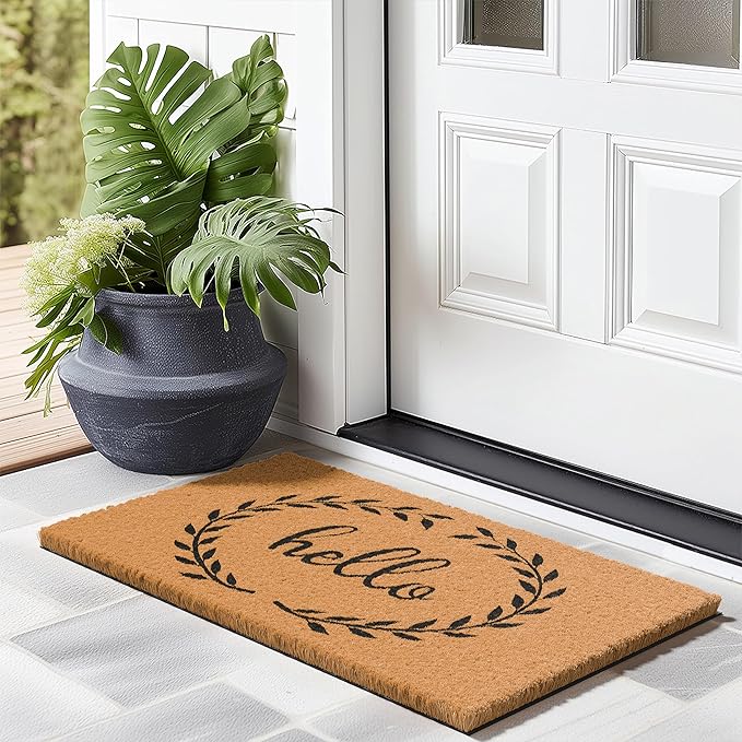 Barnyard Designs Natural Coco Coir Heavy Duty Backing Doormat - Large Cute Non-Slip Front Door Welcome Mat for Outside Entrance or Porch Entry, Brown (17x30, Hello Wreath)-Ruum Studio Home