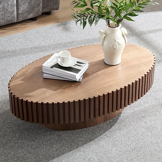 Oval Coffee Table for Living Room, Modern Fluted Coffee Tables with Pedestal Base, Handcrafted Centre Tea Tables Easy Assembly-43.7" Walnut-Ruum Studio Home