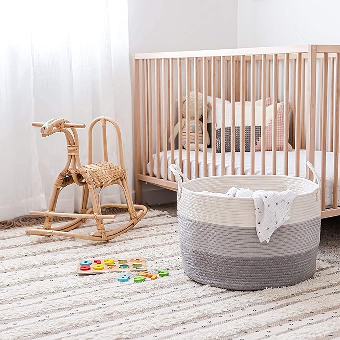 OrganiHaus Large Laundry Basket, Woven Cotton Rope Basket for Blankets, Toy Storage, Nursery Hamper, Living Room Decor Organizer, Soft & Durable Hamper with Handles, 20x13 inches - Gray-Ruum Studio Home