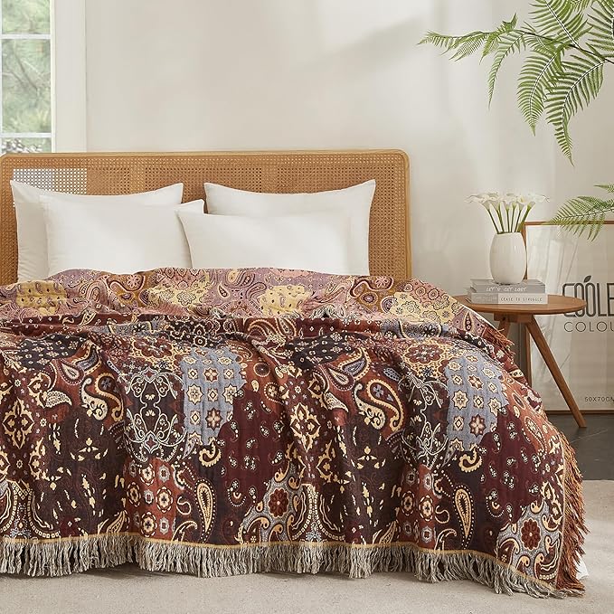 Boho Throw Blanket for Couch Sofa Bed, 100% Cotton Woven Quilt with Tassel 80”x90”, Super Soft Muslin Blanket with Patchwork Printed, Decorative Reversible Bed Blanket/Cover for All Seasons-Ruum Studio Home