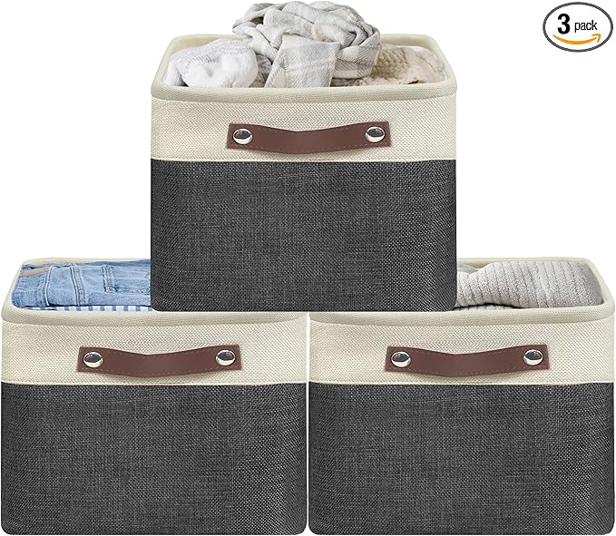 SIMPLE HOUSEWARE Large Fabric Storage Bin, 15" x 11" with Leather Like Handles, 3 Pack, Dark Gray-Ruum Studio Home