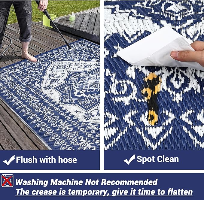 GAOMON Outdoor Rugs for Patio 9x12 Waterproof Reversible Plastic Straw Rug, Large UV-Resistant Portable RV Camping Mats, Indoor Outdoor Medallion Carpet for Deck Porch Garden, Dark Blue & White-Ruum Studio Home