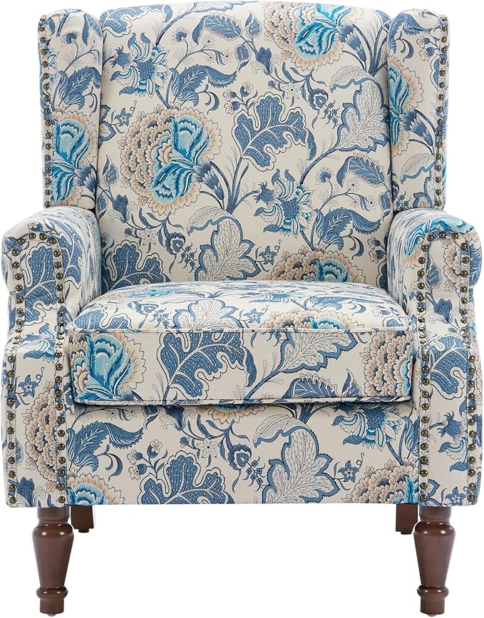 UIXE High Back Floral Accent Chairs Set of 2, Upholstered Armchair in Fabric, Retro Printed Wingback Arm Chair for Living Room, Nailhead Trim Single Sofa Bedroom Reading Seat - Boho Blue-Ruum Studio Home