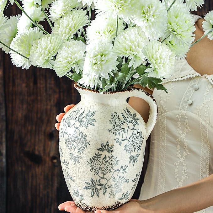 Enra Vintage vase with Handle,Blue and White Ceramic Decorative Flower vase, Chinoiserie Floral Vase,Large Rustic Vases for Home Decors, Living Room, Bookshelf, Office，9.7 inch-Ruum Studio Home